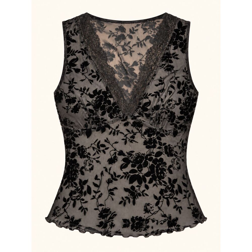 Rihoas Black Floral Flocked Mesh Lace V Neck Tank Top US 2-4